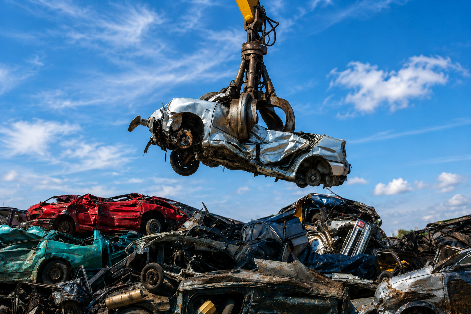 Hydraulic crane loading a crushed car for professional vehicle scrapping and responsible car recycling at Qadri Car Scrap yard in Vadodara